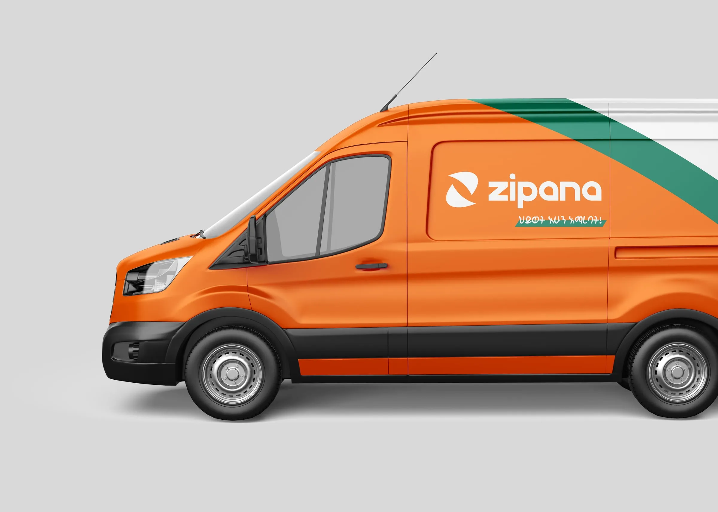 An orange and green Zipana delivery van